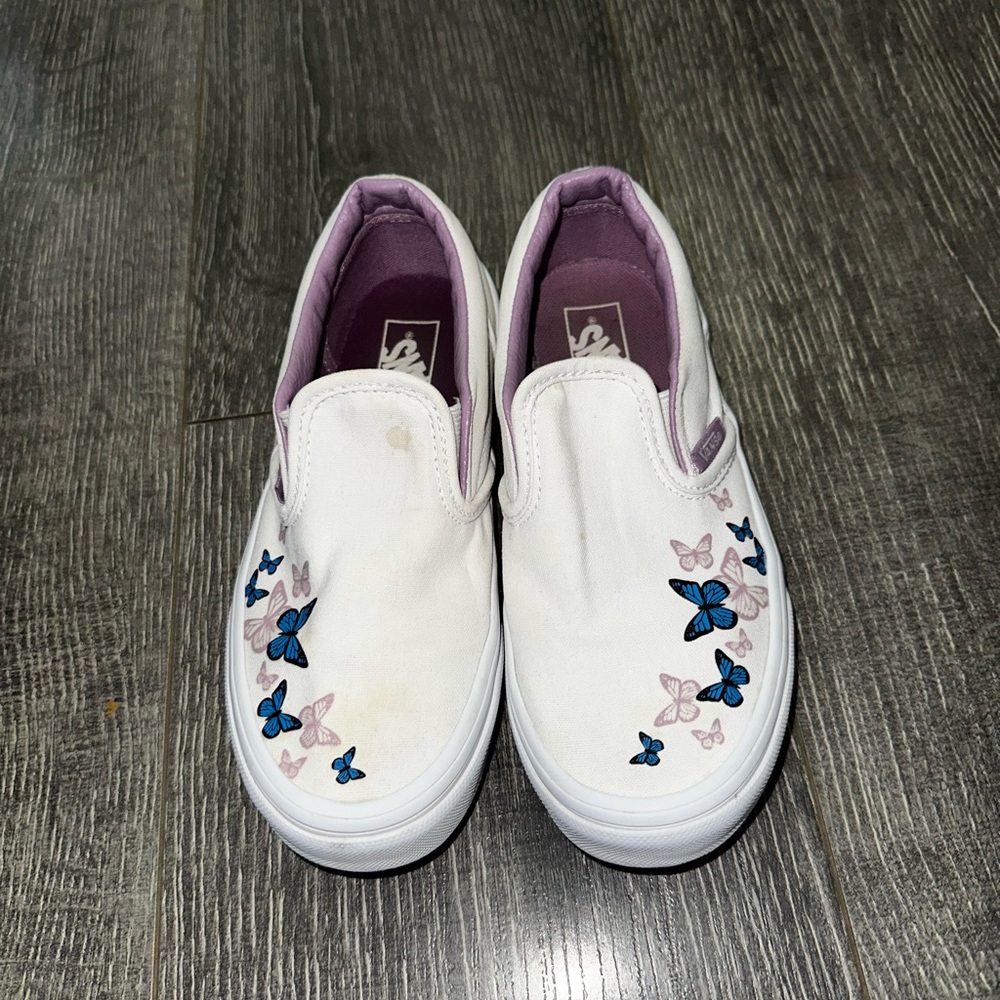 Vans White Slip-On Kids Sneakers with Blue and Purple Butterfly Accents